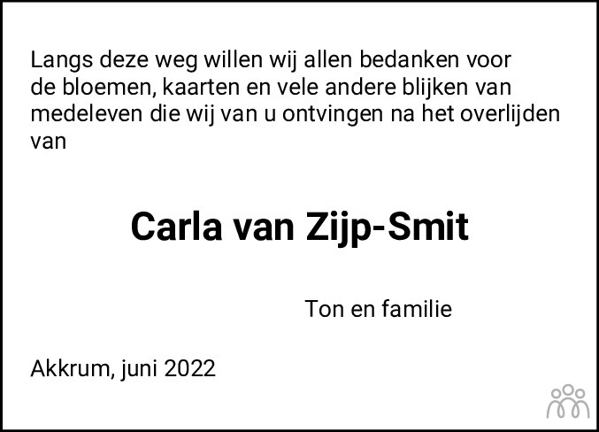 Overlijdensbericht van Carla van Zijp-Smit in Heerenveense Courant