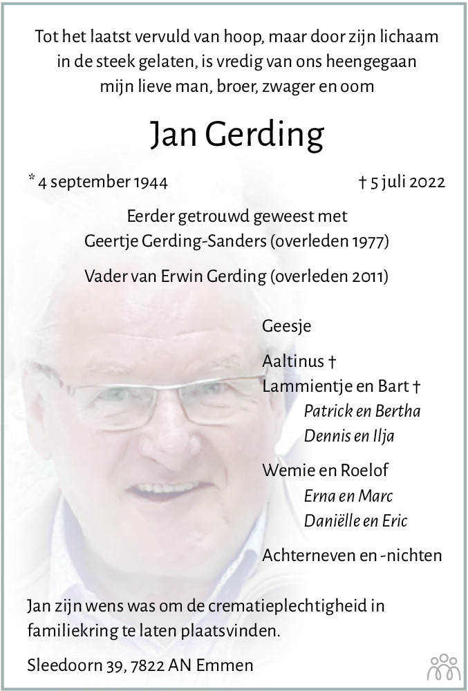 Jan Gerding 05 07 2022 Overlijdensbericht En Condoleances Mensenlinqnl