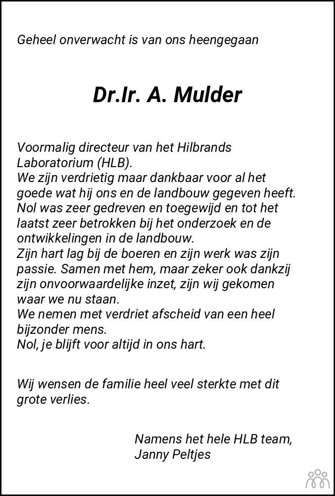 Overlijdensbericht van dr. ir. Arnold (Nol) Mulder in Dagblad van het Noorden