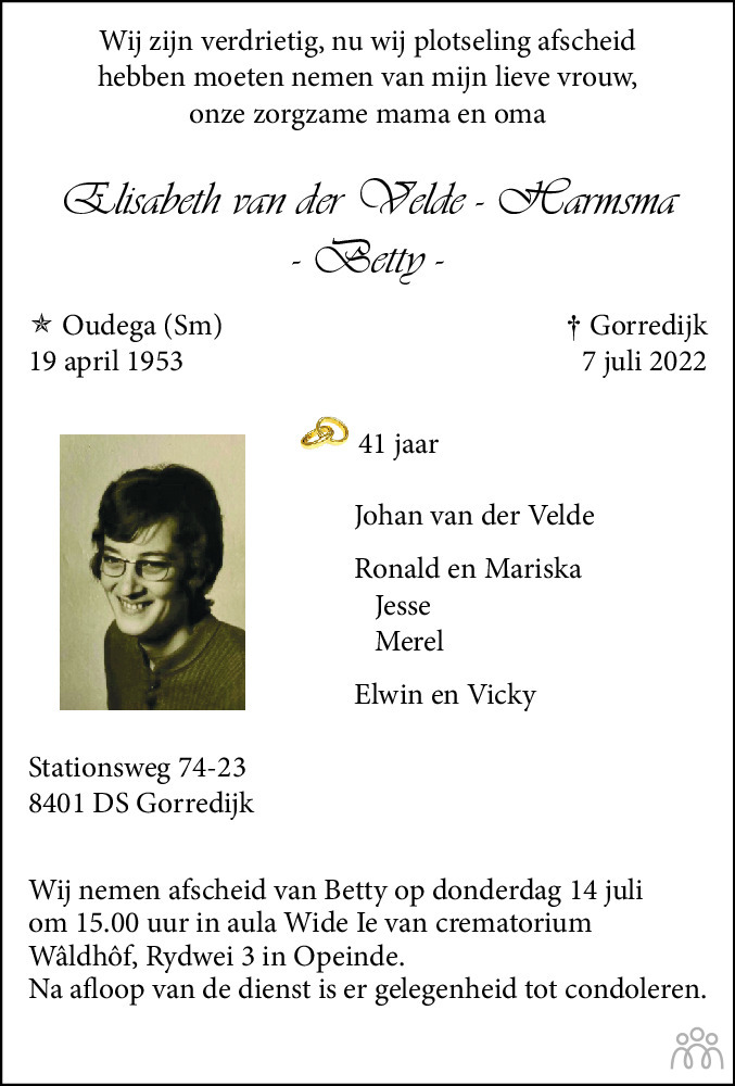 Overlijdensbericht van Betty (Elisabeth) van der Velde-Harmsma in Leeuwarder Courant