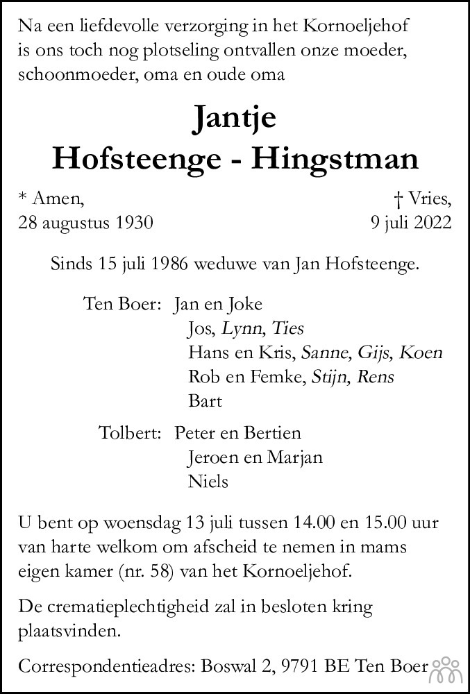 Jantje Hofsteenge Hingstman 09 07 2022 Overlijdensbericht En Condoleances Mensenlinqnl 2704