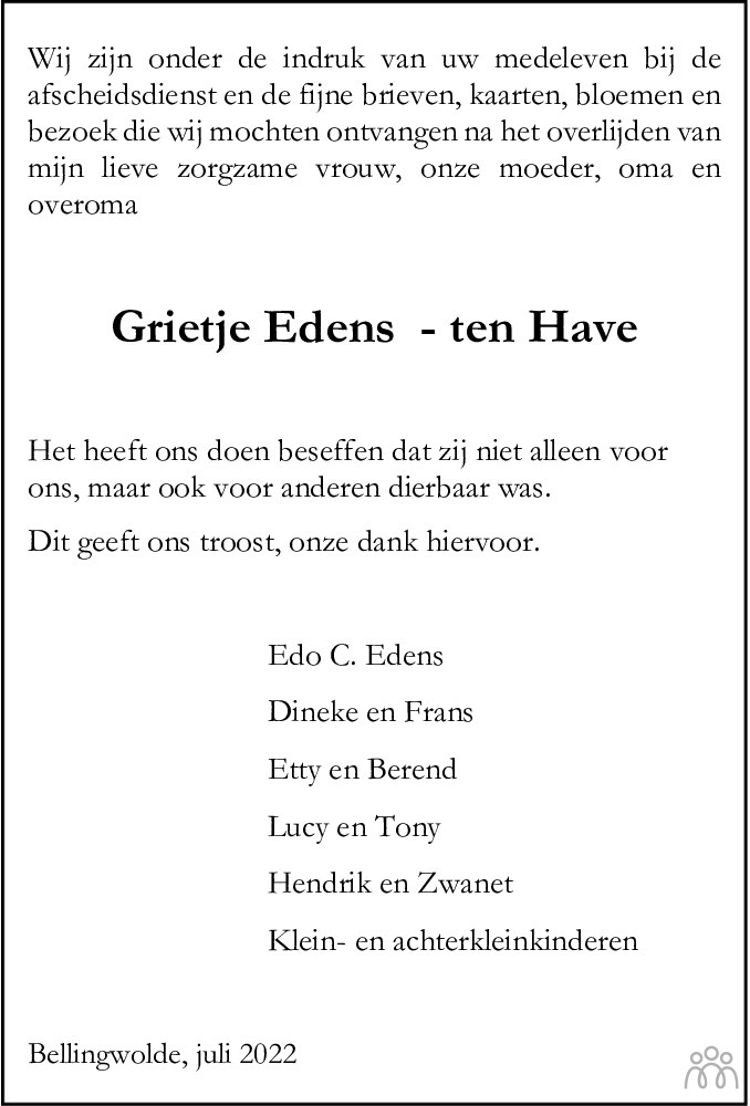 Overlijdensbericht van Grietje Albertje Edens-ten Have in Dagblad van het Noorden