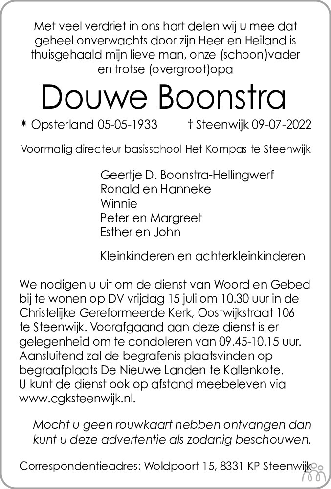 Douwe Boonstra 09072022 overlijdensbericht en condoleances