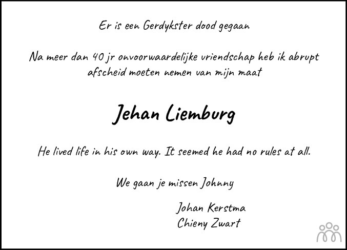 Overlijdensbericht van Johan Ruurd Liemburg in Leeuwarder Courant