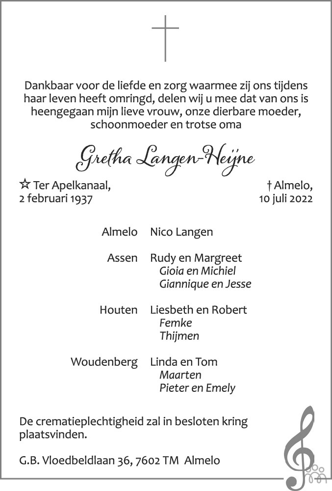 Overlijdensbericht van Gretha Langen-Heijne in Dagblad van het Noorden