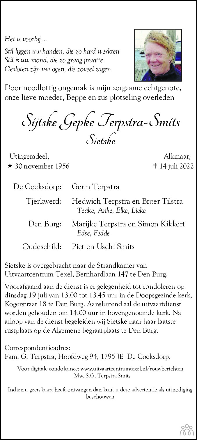 Overlijdensbericht van Sijtske Gepke (Sietske) Terpstra-Smits in Leeuwarder Courant