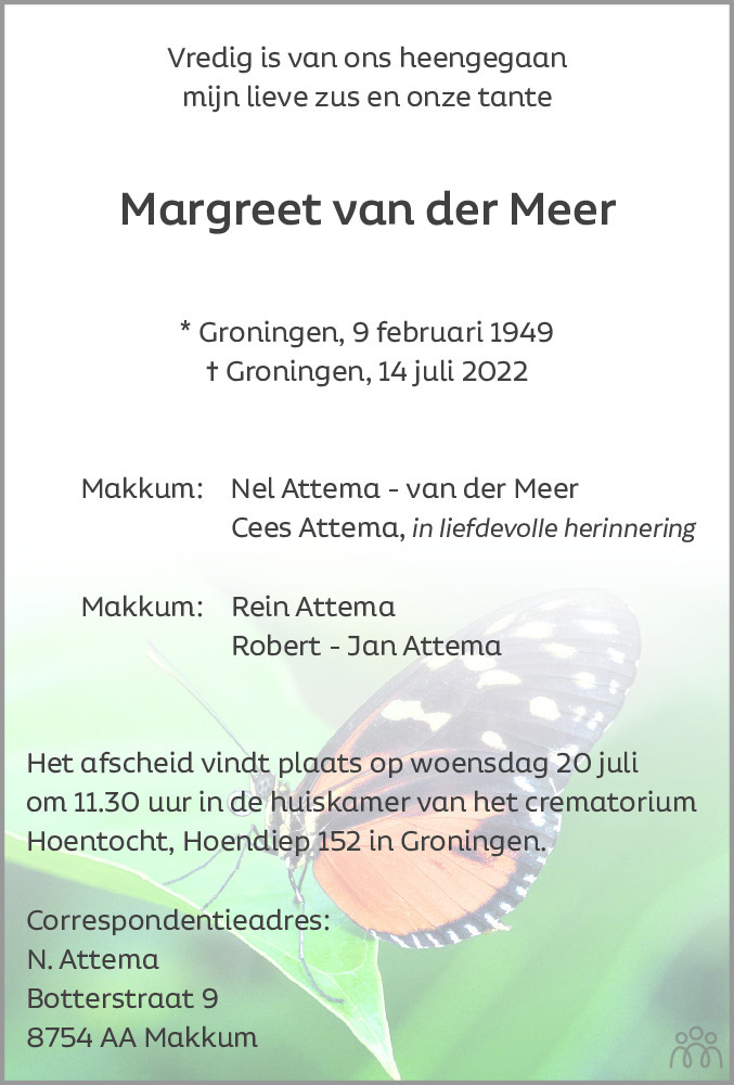 Margreet Van Der Meer 14 07 2022 Overlijdensbericht En Condoleances 