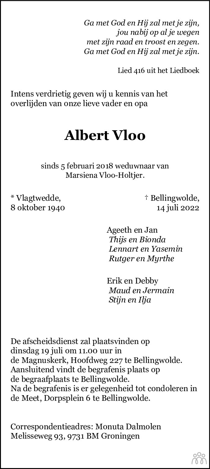 Overlijdensbericht van Albert Vloo in Dagblad van het Noorden