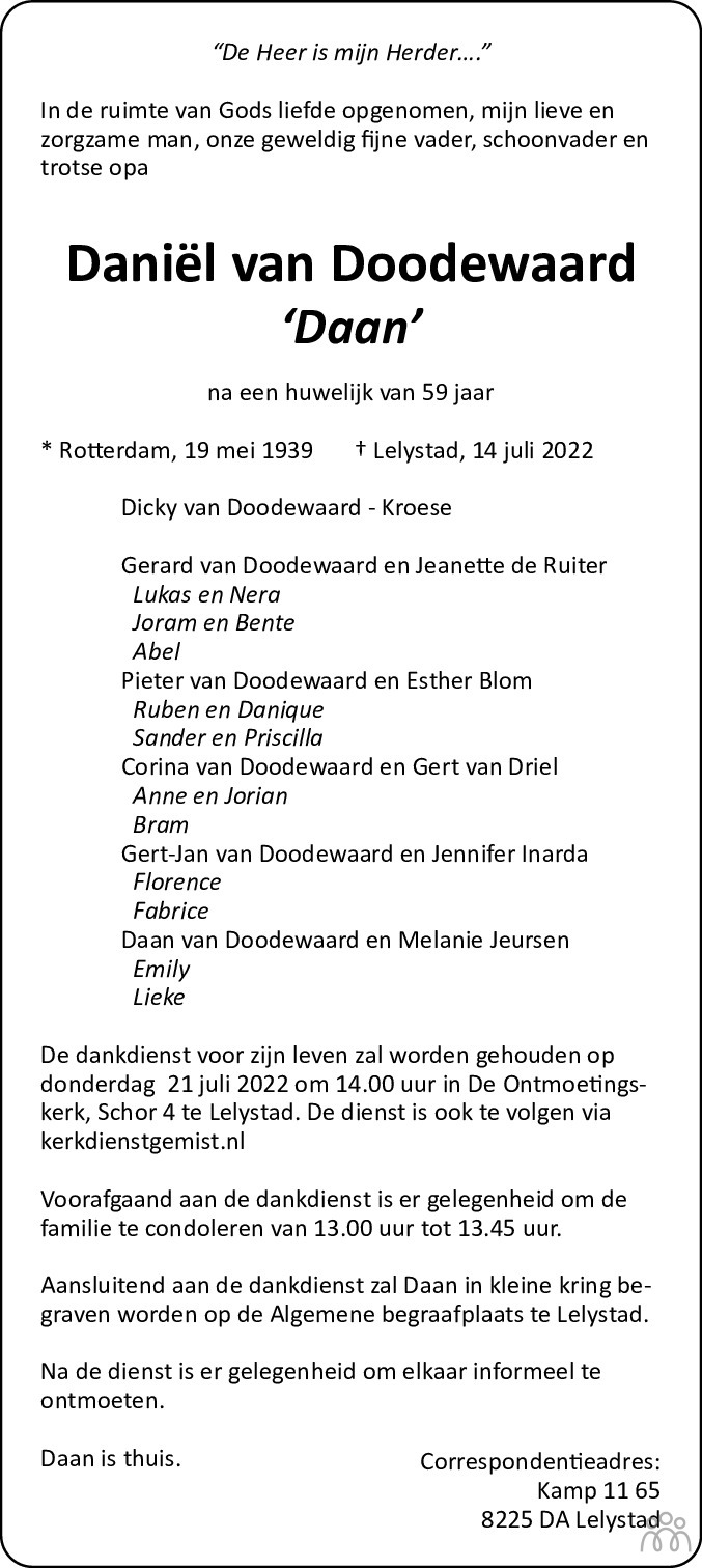 Overlijdensbericht van Daniël (Daan) van Doodewaard in Leeuwarder Courant