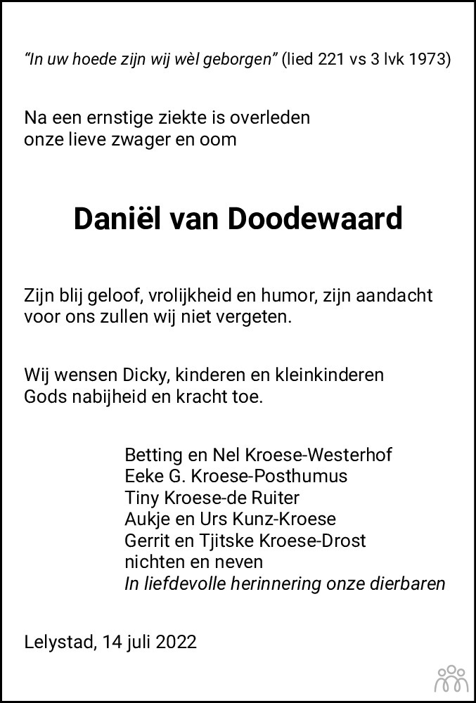 Overlijdensbericht van Daniël (Daan) van Doodewaard in Leeuwarder Courant