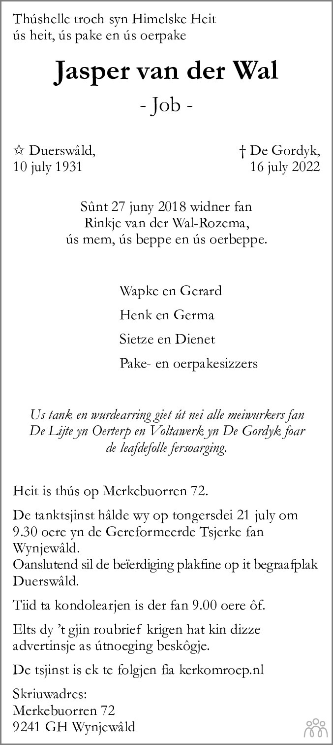 Overlijdensbericht van Jasper (Job) van der Wal in Friesch Dagblad