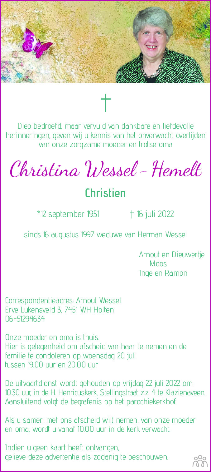 Christina (Christien) WesselHemelt 16072022 overlijdensbericht en