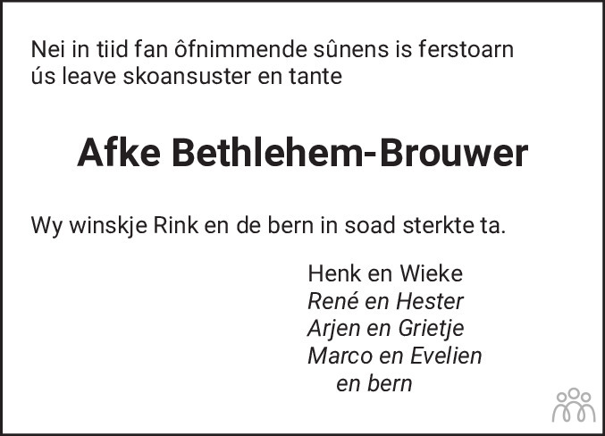 Overlijdensbericht van Afke Bethlehem-Brouwer in Leeuwarder Courant