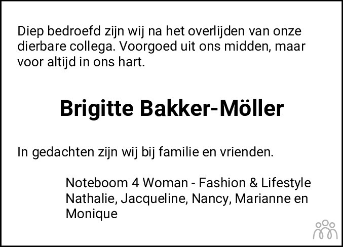 Overlijdensbericht van Brigitte Bakker-Möller in Flevopost Dronten