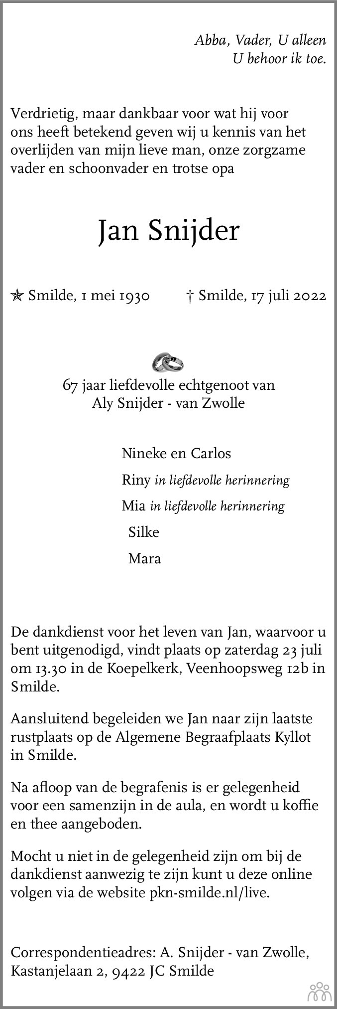 Jan Snijder 17 07 2022 Overlijdensbericht En Condoleances Mensenlinq nl