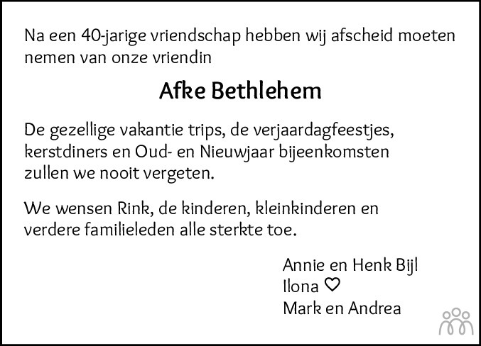 Overlijdensbericht van Afke Bethlehem-Brouwer in Leeuwarder Courant