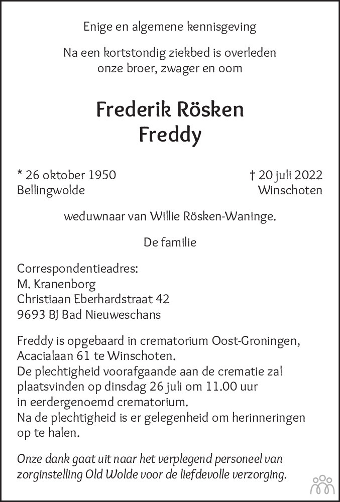 Overlijdensbericht van Frederik (Freddy) Rösken in Dagblad van het Noorden