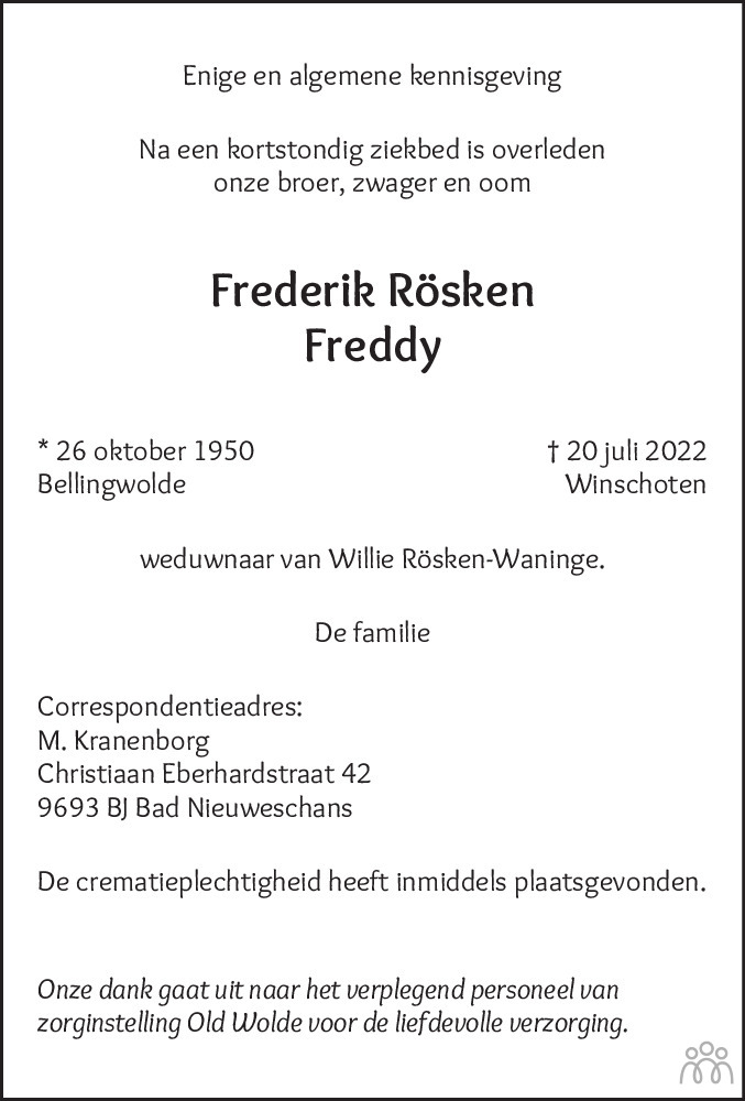 Overlijdensbericht van Frederik (Freddy) Rösken in Streekblad/Pekelder Streekblad