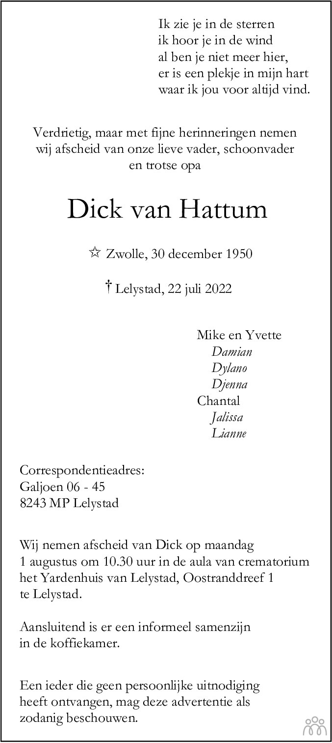 Overlijdensbericht van Dick van Hattum in Flevopost Dronten