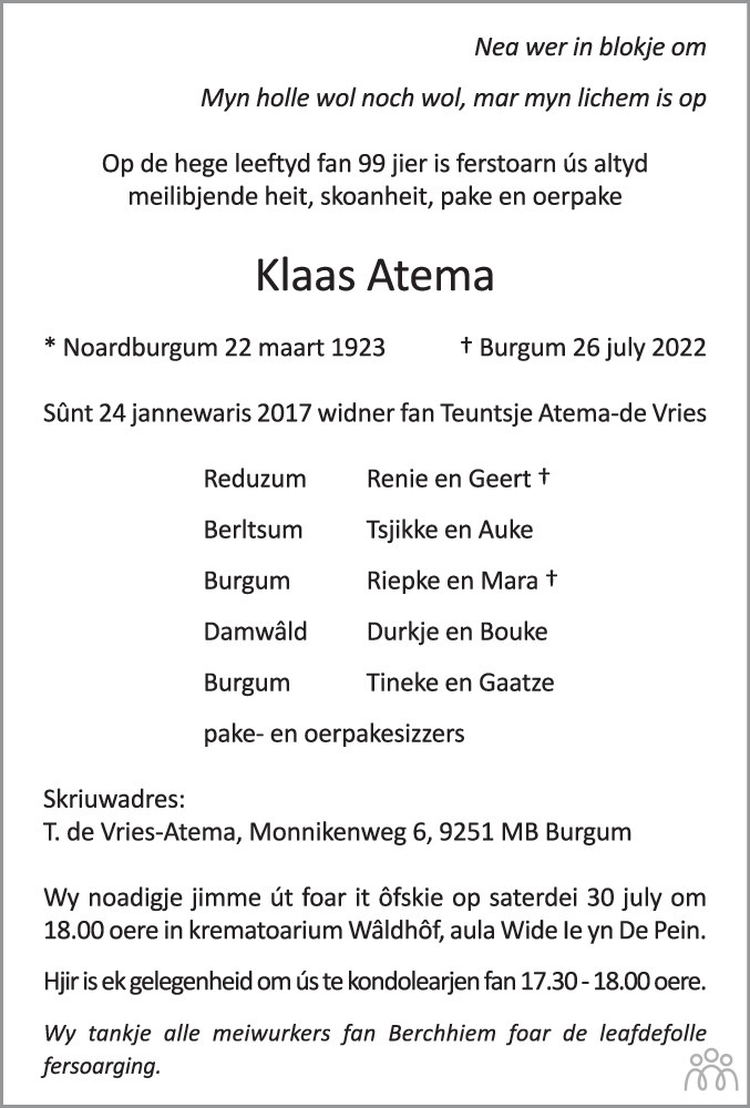 Overlijdensbericht van Klaas Atema in Leeuwarder Courant