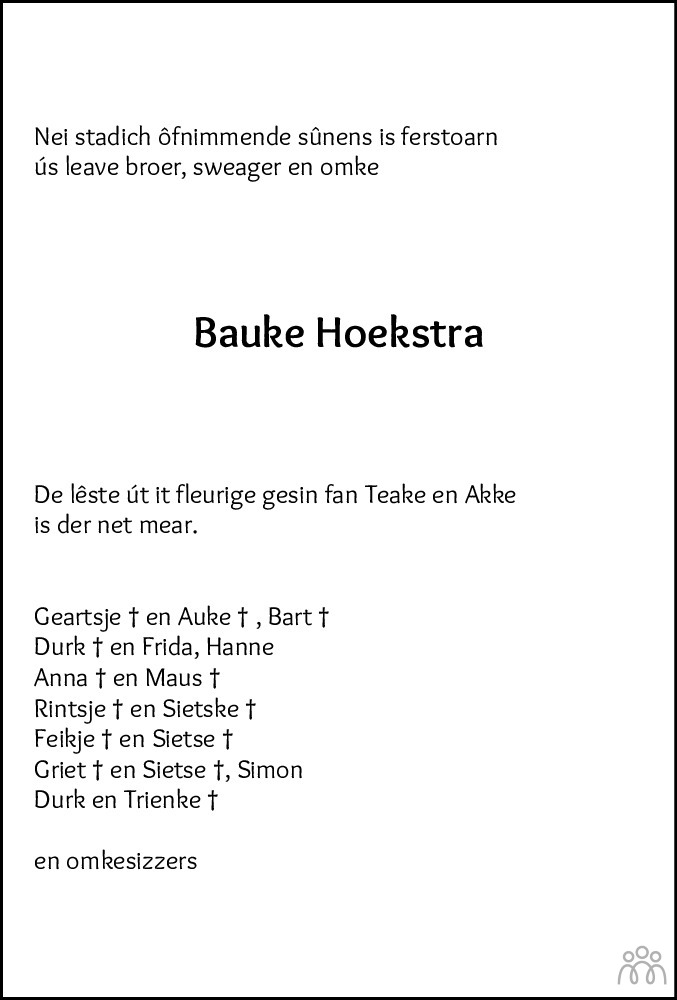 Overlijdensbericht van Bauke Hoekstra in Leeuwarder Courant