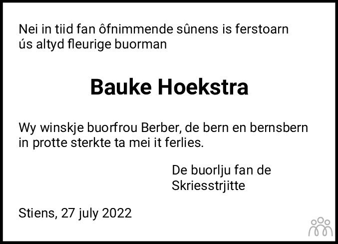 Overlijdensbericht van Bauke Hoekstra in Leeuwarder Courant