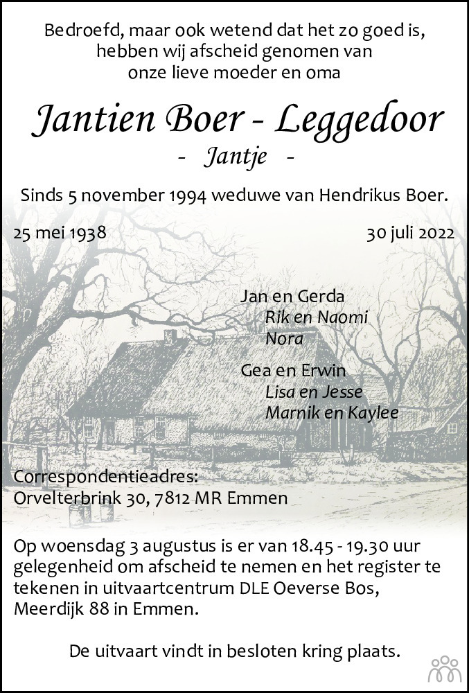 Overlijdensbericht van Jantien (Jantje) Boer-Leggedoor in Dagblad van het Noorden
