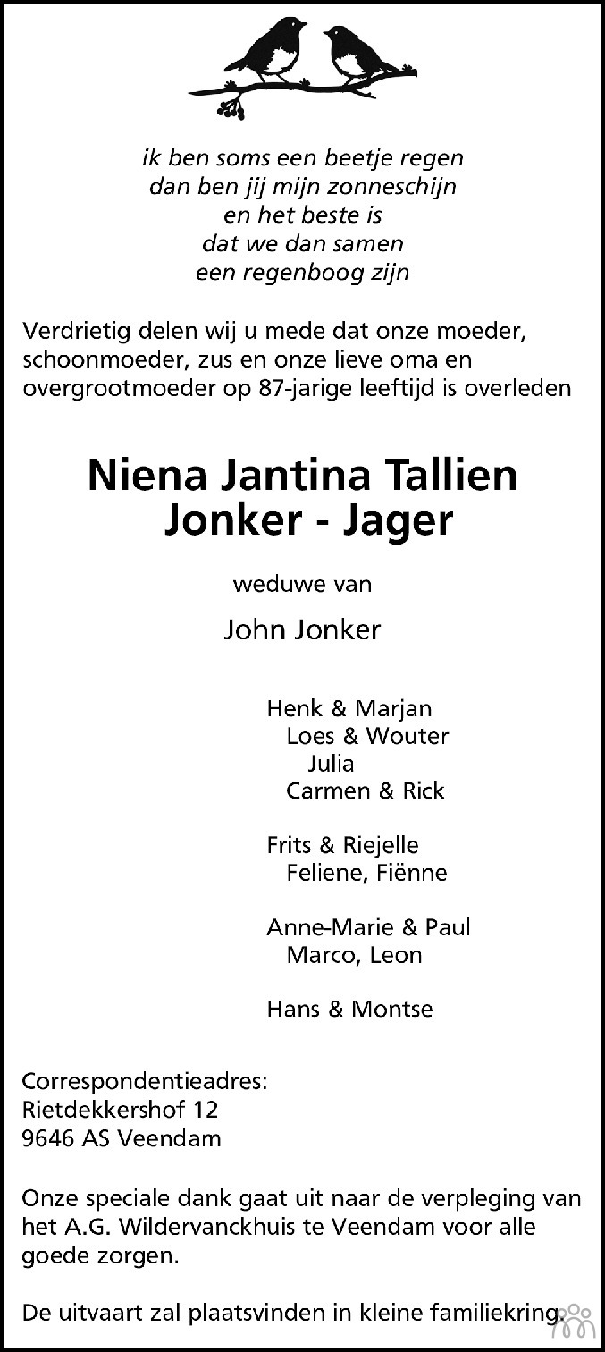 Overlijdensbericht van Niena Jantina Tallien Jonker-Jager in Dagblad van het Noorden