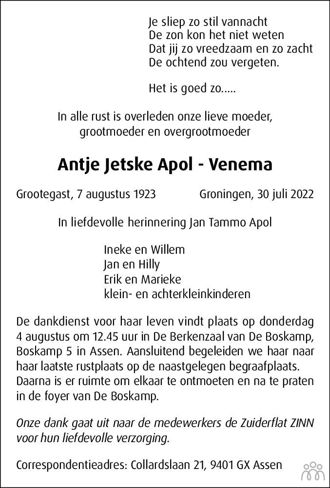 Overlijdensbericht van Antje Jetske Apol-Venema in Dagblad van het Noorden
