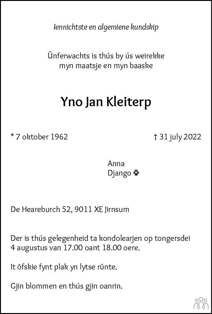 Overlijdensbericht van Yno Jan Kleiterp in Leeuwarder Courant