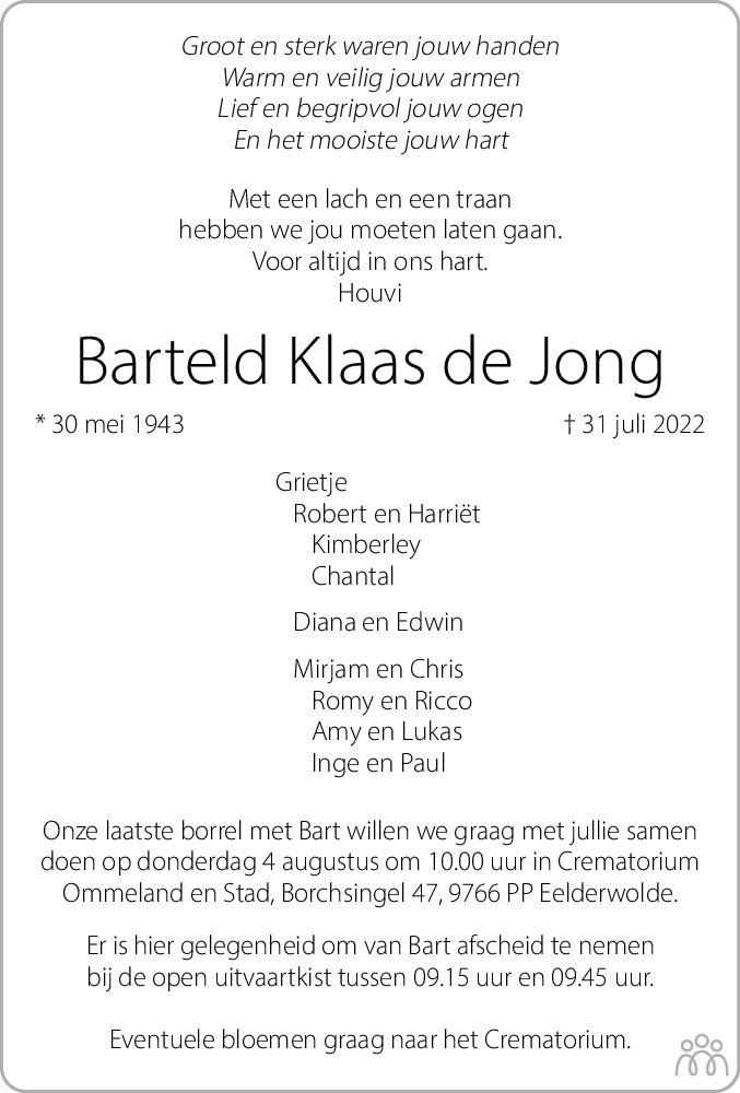 Overlijdensbericht van Barteld Klaas de Jong in Dagblad van het Noorden