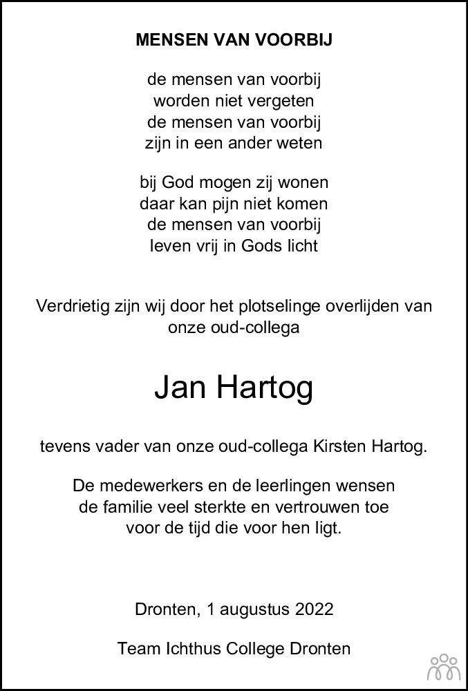 Overlijdensbericht van Jan  Hartog in Flevopost Dronten