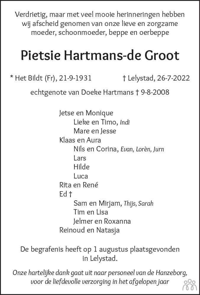 Overlijdensbericht van Pietsie Hartmans-de Groot in Flevopost Dronten