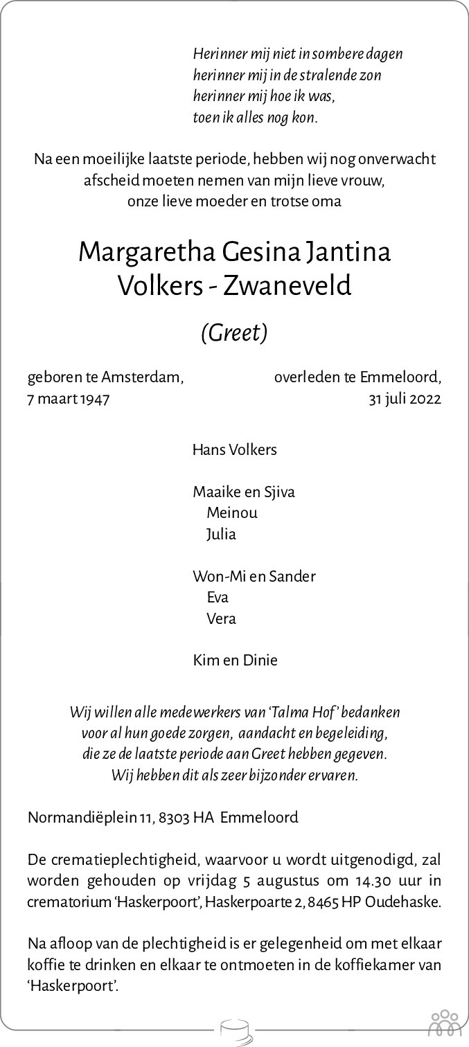 Overlijdensbericht van Margaretha Gesina Jantina (Greet) Volkers-Zwaneveld in Noordoostpolder