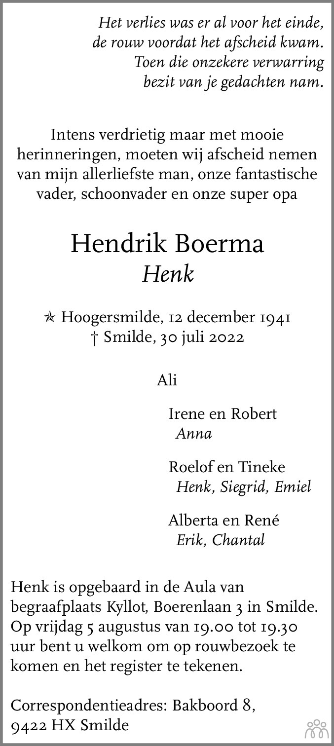 Overlijdensbericht van Hendrik (Henk) Boerma in De krant van Midden-Drenthe