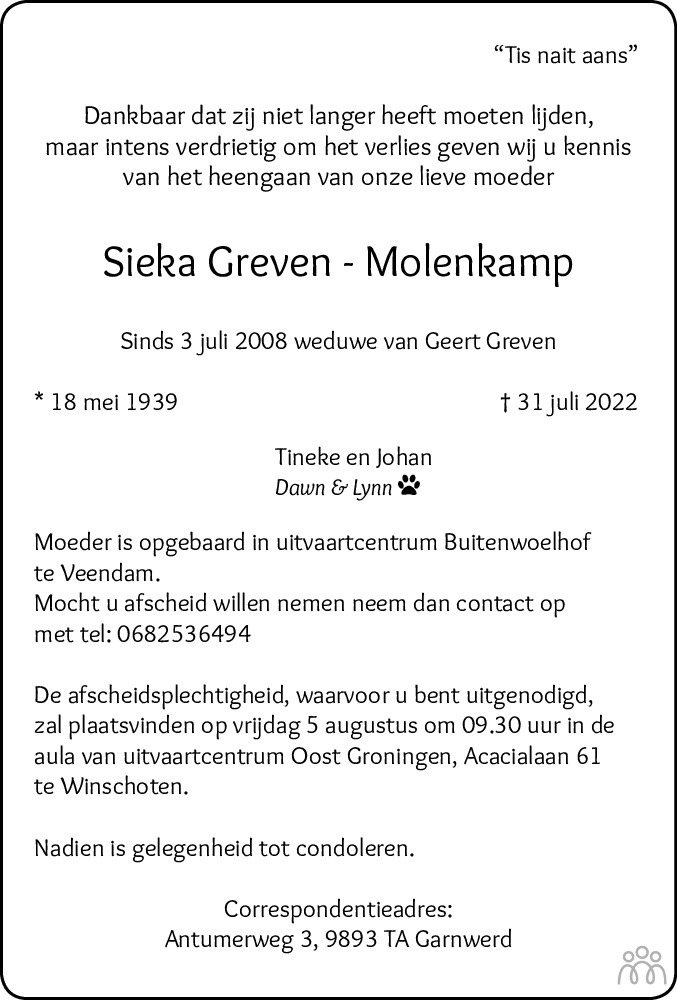 Overlijdensbericht van Sieka Greven-Molenkamp in Dagblad van het Noorden