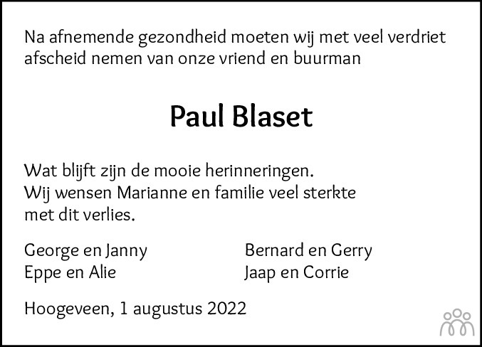 Overlijdensbericht van Paul Blaset in Hoogeveensche Courant