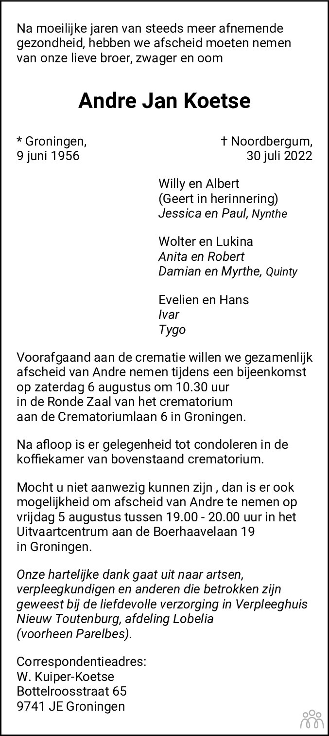 Overlijdensbericht van Andre Jan Koetse in Dagblad van het Noorden