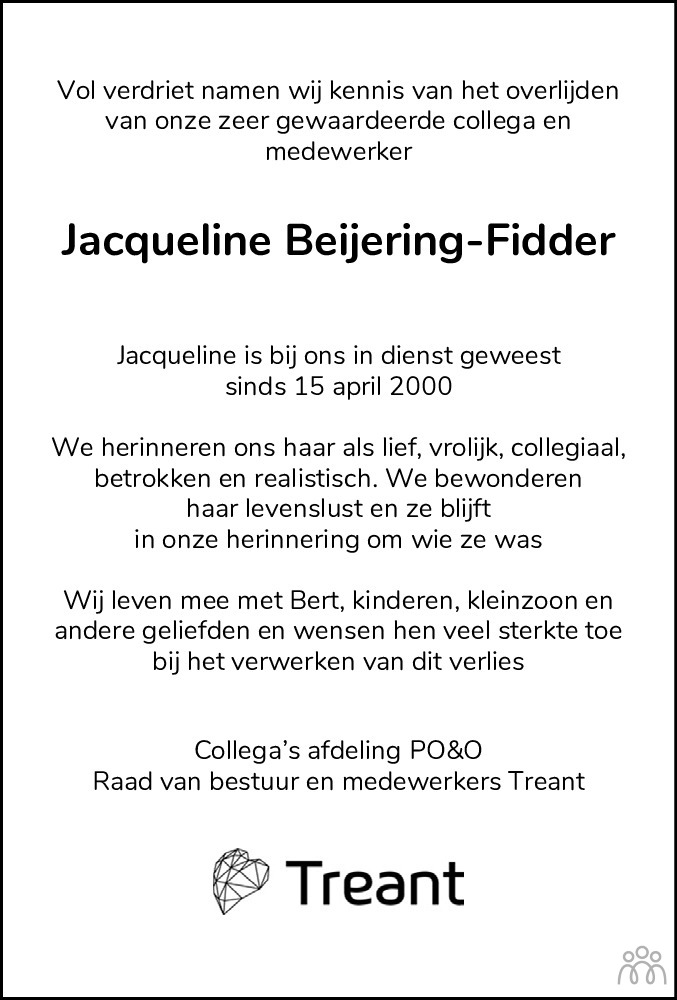 Overlijdensbericht van Jacqueline Beijering-Fidder in Dagblad van het Noorden