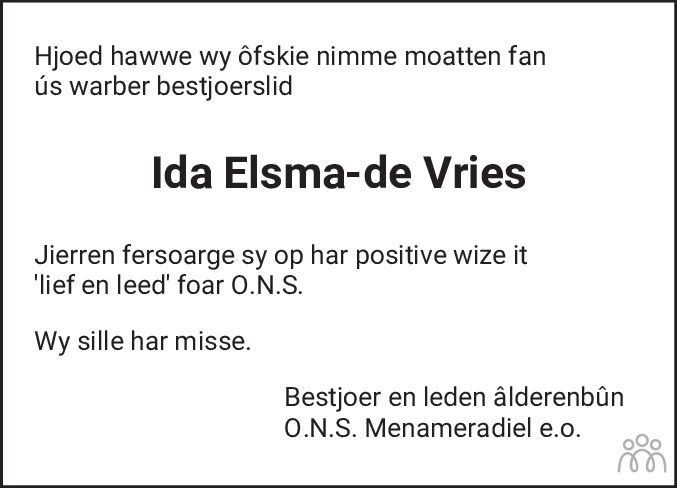 Overlijdensbericht van Ida Elsma-de Vries in Leeuwarder Courant