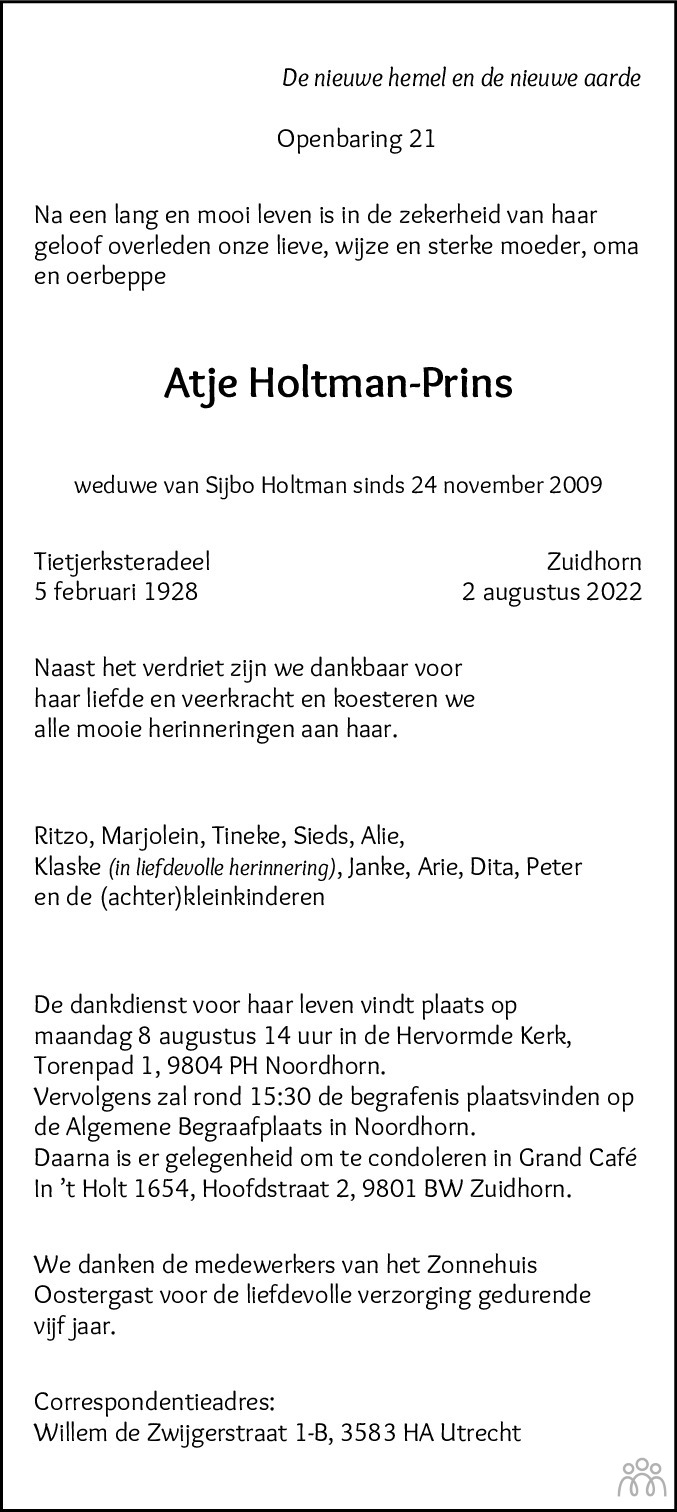 Overlijdensbericht van Atje Holtman-Prins in Dagblad van het Noorden