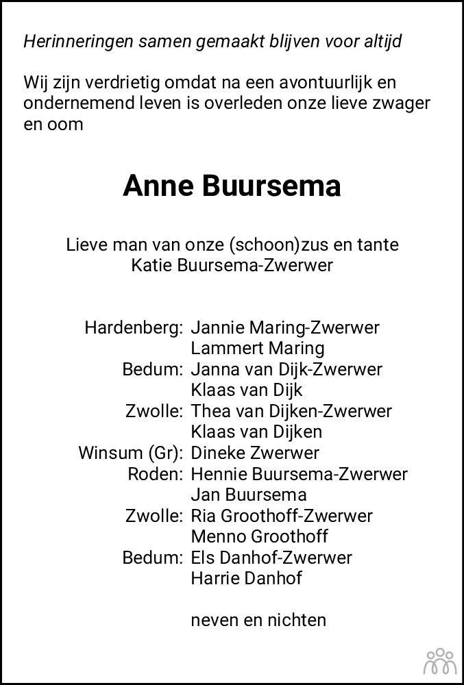 Overlijdensbericht van Anne Buursema in Dagblad van het Noorden