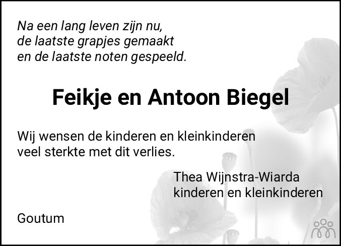 Overlijdensbericht van Feikje en Antoon (Tonny) Biegel-Wijnstra in Leeuwarder Courant