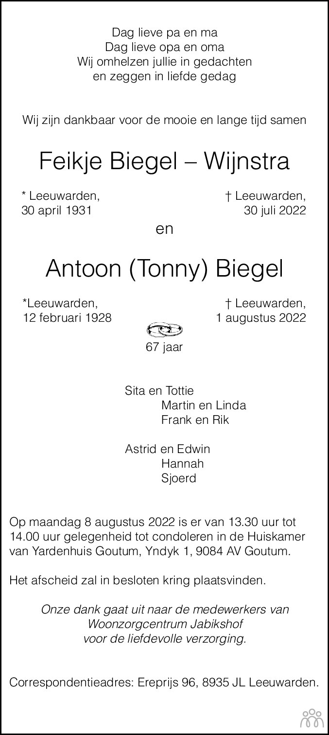 Overlijdensbericht van Feikje en Antoon (Tonny) Biegel-Wijnstra in Leeuwarder Courant