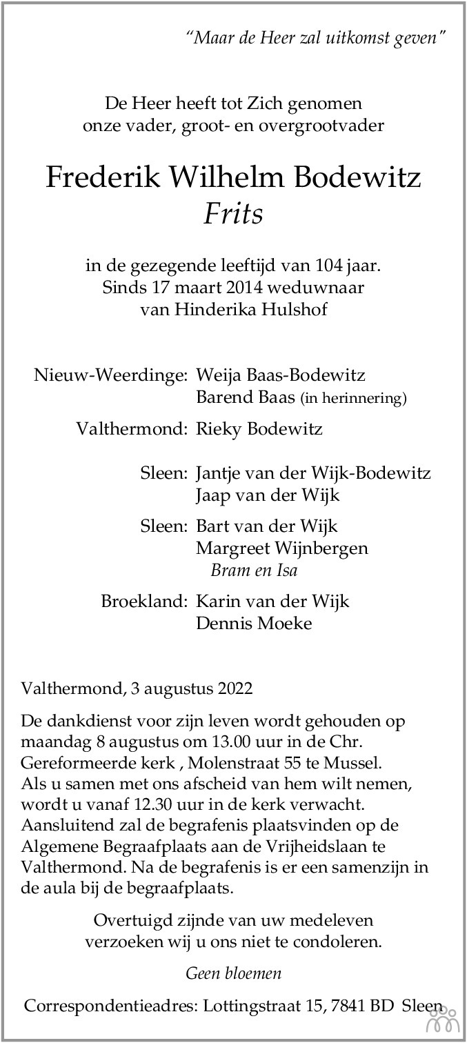 Overlijdensbericht van Frederik Wilhelm (Frits) Bodewitz in Dagblad van het Noorden