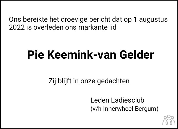 Overlijdensbericht van Pietertje (Pie) Keemink-van Gelder in Friesch Dagblad