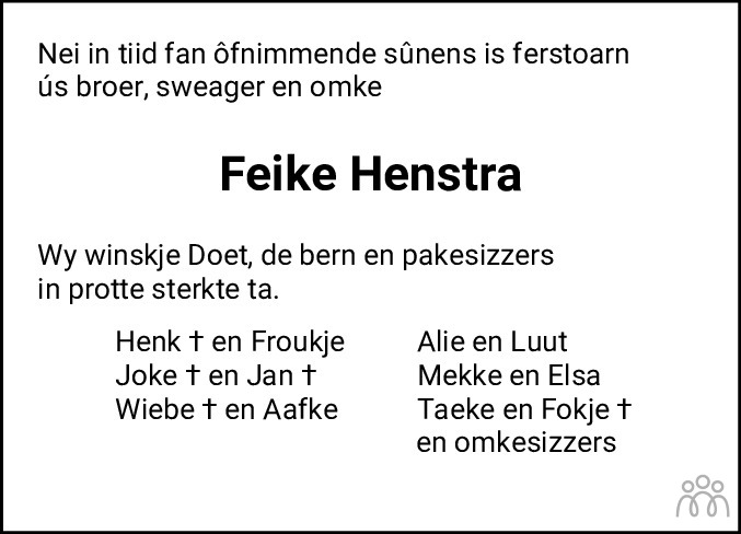 Overlijdensbericht van Feike Henstra in Nieuwsblad Noordoost-Friesland