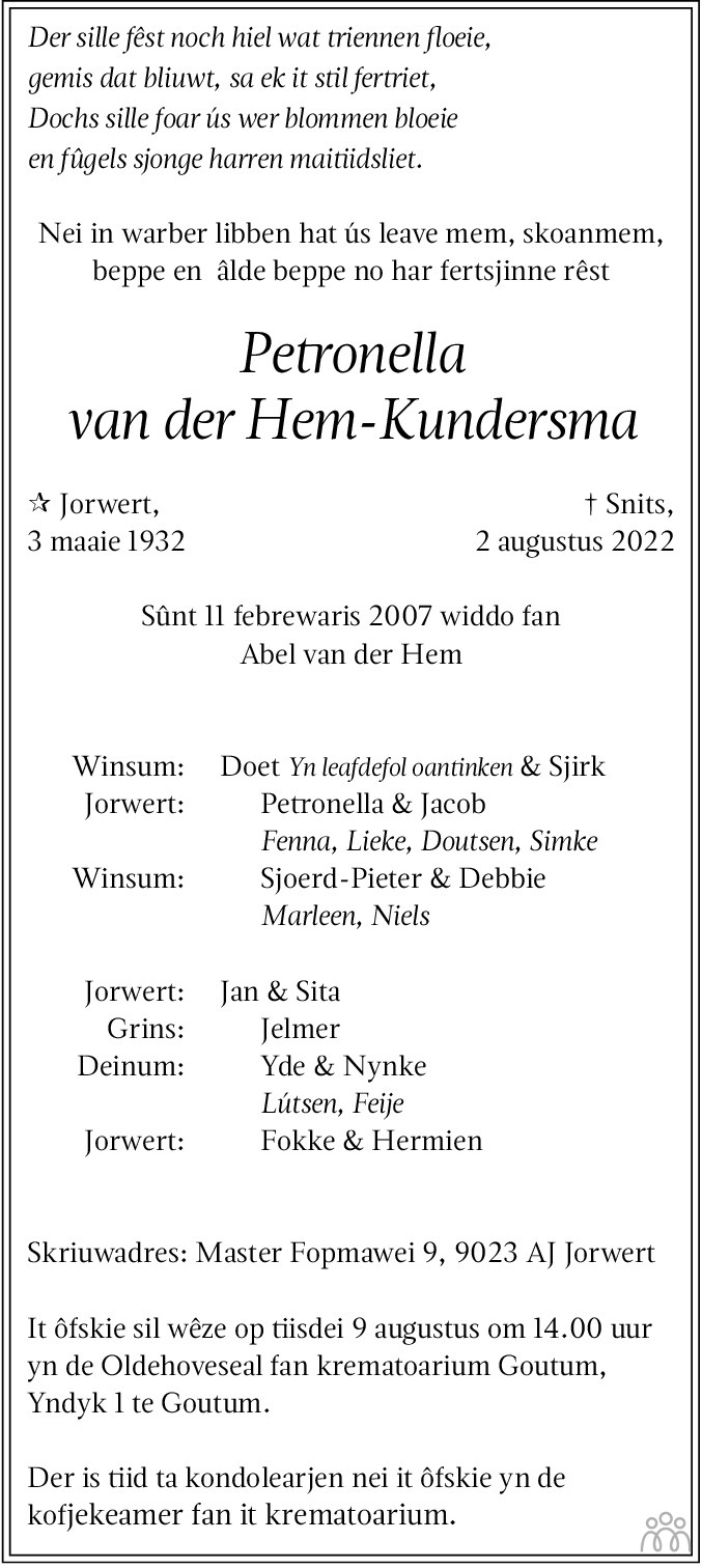 Overlijdensbericht van Petronella van der Hem-Kundersma in Leeuwarder Courant