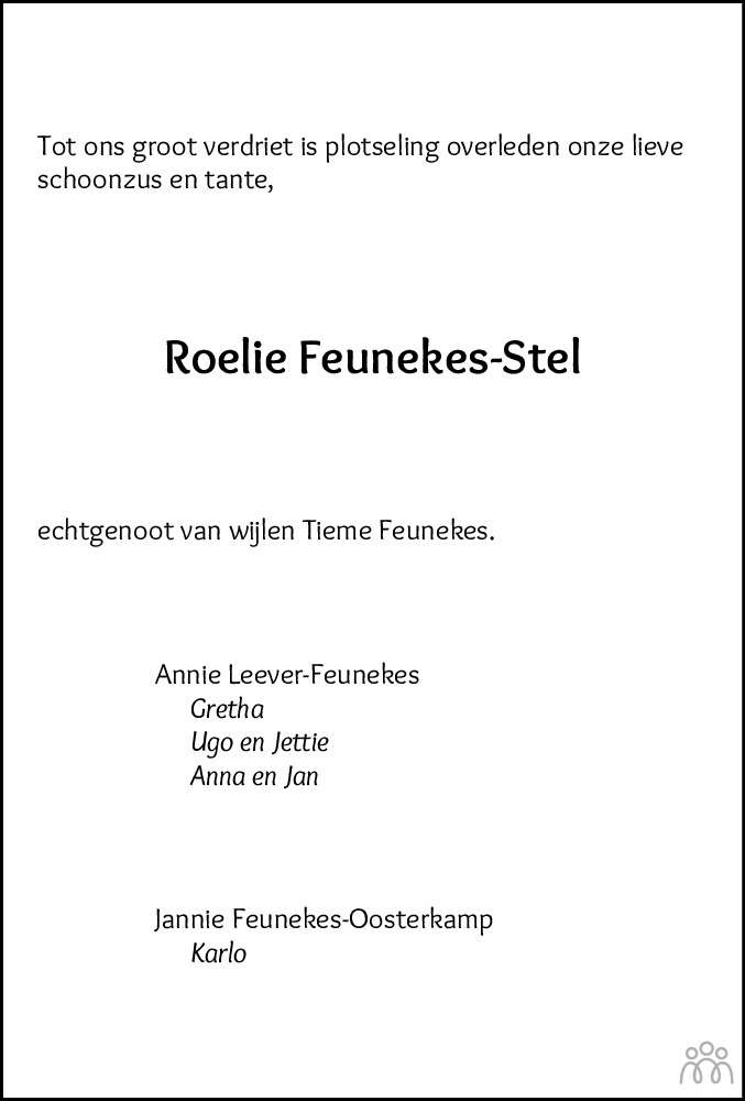 Overlijdensbericht van Roelie Feunekes-Stel in Dagblad van het Noorden