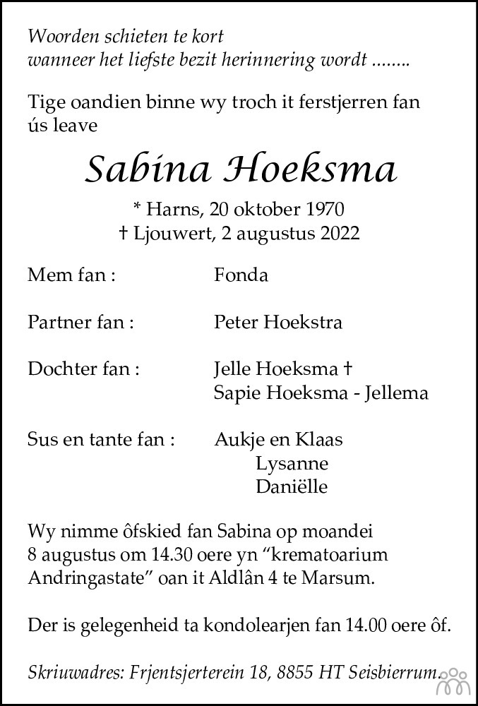 Overlijdensbericht van Sabina Hoeksma in Leeuwarder Courant
